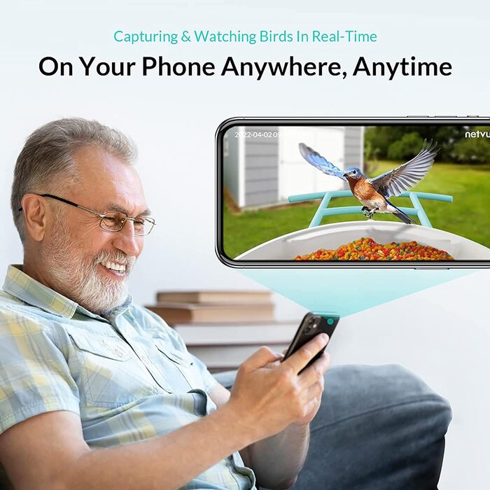 NETVUE Birdfy розумна годівниця для птахів з камерою, Wi-Fi, сонячною панеллю та безкоштовною AI-ідентифікацією птахів, автоматичний відеозапис, синя
