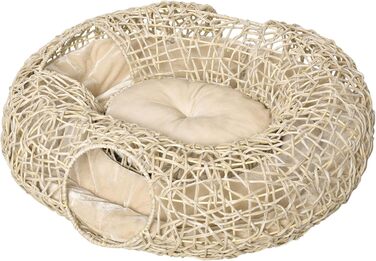 PawHut Корінь для котів з ротангу, 78x69x22 см, з м'яким подушкою, 3 входи, тунель для котів, натуральне дерево