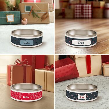 Набір для годування собак PICANOVA з іменем: миска та контейнер для ласощів у різдвяному дизайні. Керамічний набір для собак як подарунок для власників домашніх тварин. Дизайн Candy Bones.