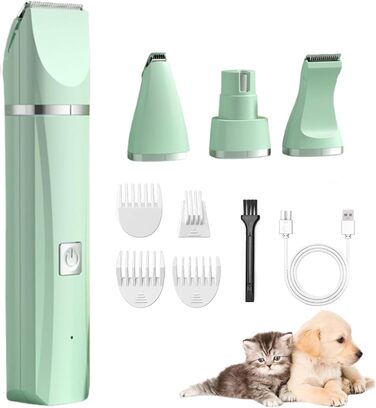 Електричний набір для грумінгу домашніх тварин Tickle Paw 4 в 1: тример, машинка для стрижки, пилка для нігтів. Підходить для котів та собак. Тиха машинка, професійний триммер, акумуляторний. Колір: зелений