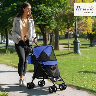 PawHut Візок для собак і котів, складаний, до 4 кг, з сітковими віконцями, ременем через плече, кишеню для зберігання, тримач для чашки, парасолька, темно-синій