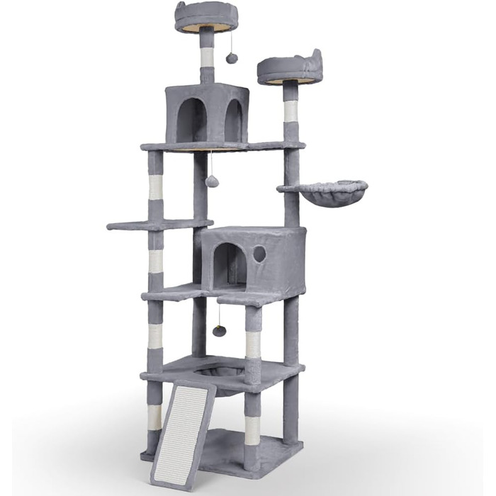Двоповерховий котячий будиночок Vounot XXL (215 см), стійкий котячий комплекс з гамаком, корзиною та шматочками для дряпання, сірий