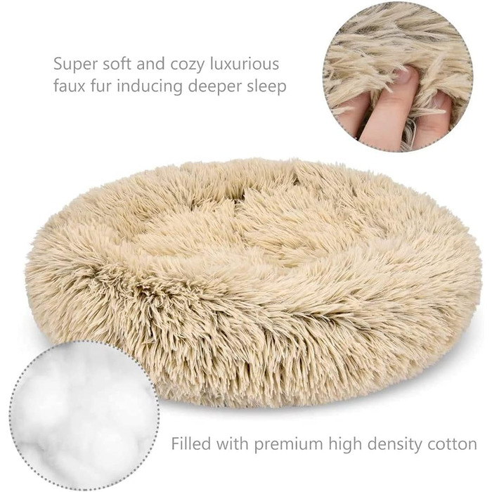 Заспокійливе ліжко для собак, у формі пончика, з плюшу, з блискавкою, придатне для прання в машині, для маленьких тварин, собак, котів, кошенят та цуценят, бежеве, 50 см, розмір S/50 см бежеве