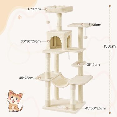 Кігтеточка для котів MSmask велика, багатоярусна, з гамаком та будиночками (150 см, бежева)