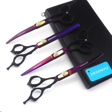 Набір професійних ножиць для грумінгу JIESENYU: 7 дюймів, ножиці для шерсті, вигнуті ножиці, ножиці для фінальної обробки (4 шт.) для собак, фіолетовий