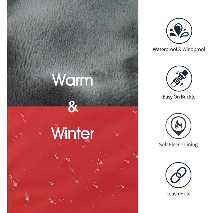 Теплий зимовий одяг для собак IECOii, великий розмір (обхват грудей 53-62 см), червоний, з регулюванням, світловідбиваючий, з флісовим коміром