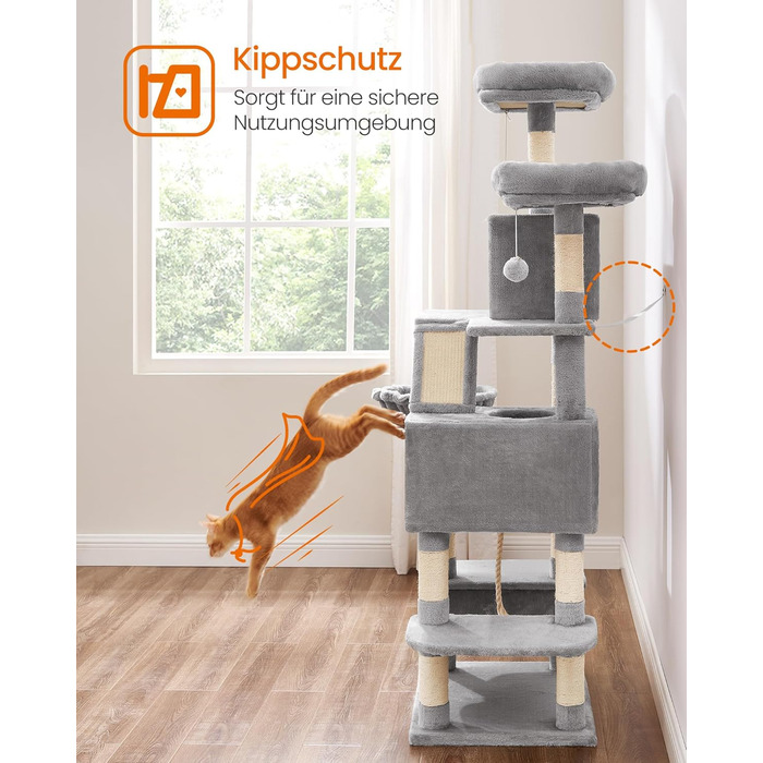 Багатоповерховий котячий будиночок Feandrea з 13 стовпчиками для дряпання, 2 платформами, 2 печерами, гамаком та іграшками, 168 см, сірий