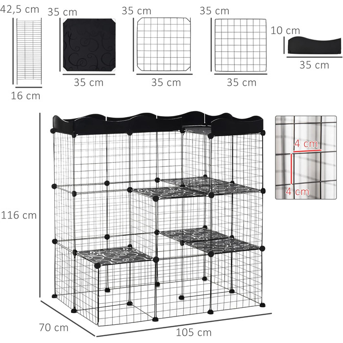 Клітка для котів PawHut з пробігом, 3 яруси, 2 двері, пандус, металевий каркас, 105 x 70 x 116 см, чорна