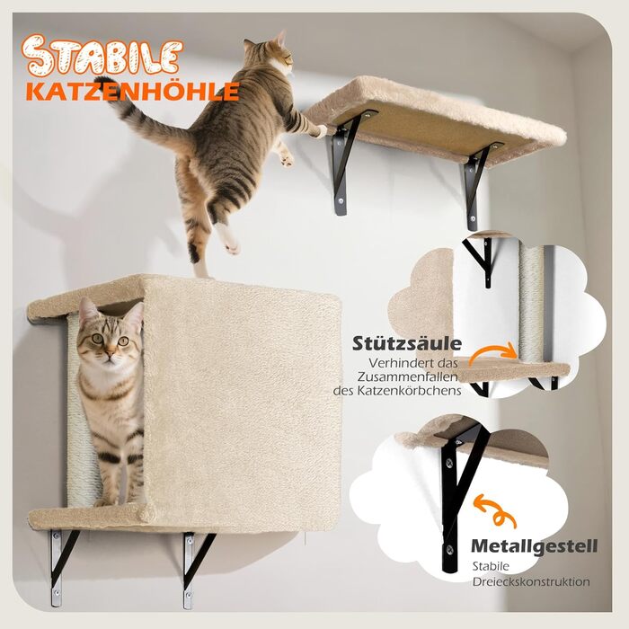 Кігтеточка-стіна для котів Eukue, комплект 10 елементів, великі настінні елементи з котячим будиночком, мостом та сизалевими стовпчиками, до 10 кг, бежевий колір