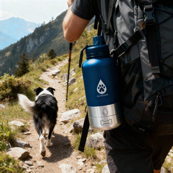 Водяна пляшка для собак на 1000 мл з переносною сумкою, 4-в-1, нержавіюча сталь, ізольована, без BPA, з мисками для води та корму, аксесуари для собак, блакитний колір