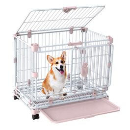 Транспортна переноска для собак, вольєр, переноска для тварин, складана, металевий каркас, 2-3 ярусна, з подвійними дверцятами, антизламна, з колесами та піддоном, легка у прибиранні (рожева, 76.5 x 48 x 61 см)