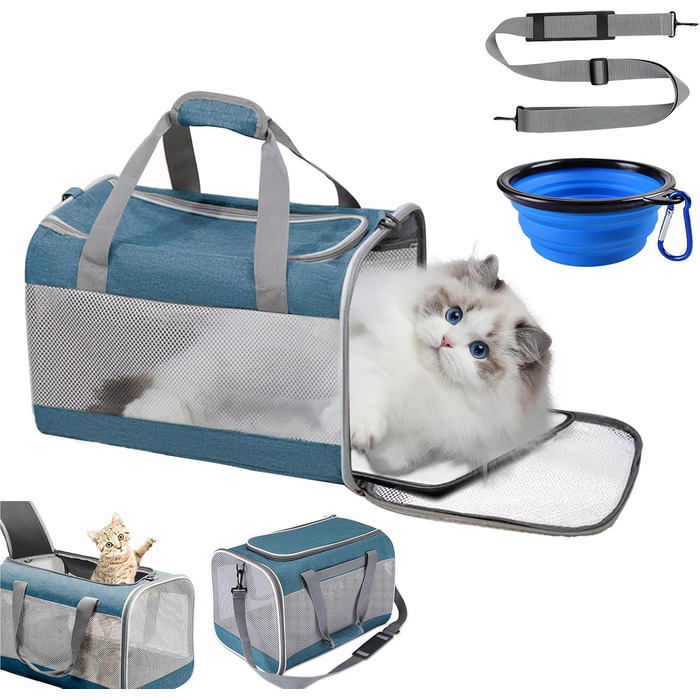 Транспортна переноска для кота KunpengZen, переноска для собаки, складана, з регульованим плечовим ременем, знімним плюшевим матрацом, для котів до 7.5 кг, для подорожей, авто, до ветеринара, блакитна