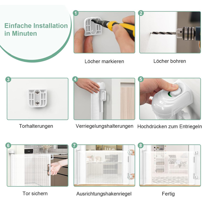 Захист для сходів з замком, розтяжний захист для дітей та собак, ширина 150 см, висота 83 см (140 см/білий, без свердління, автоматичний замок)