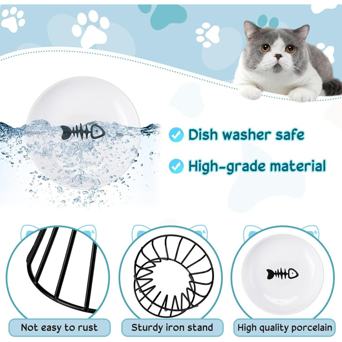 Набір мисок для котів Roshtia з кераміки на металевому підставці, 4 шт. (Чорний, візерунок 