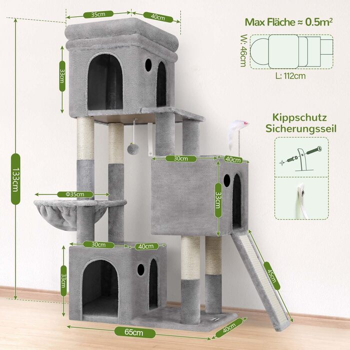 Дерево для котів Globlazer XL сірого кольору з великою печерою для 2-4 котів, когтеточкою з сизалю, м'яким кошиком та іграшками, висота 133 см