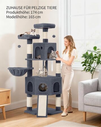 Кігтеточка для котів Hzuaneri, 174 см, XL, 2 платформи, 2 печери, 4 стовпчики, дошка для заточування кігтів, мотузка з сизалю, плюшеві кульки, для багатокотових сімей, MS17418LG (Темно-сірий)