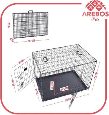 Клітка для собак Arebos | Транспортна переноска для собак, складна | Клітка для собак, чорна, 107 x 71 x 77,5 см