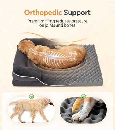 Ортопедичне ліжко для собак великого розміру, м'яке плюшеве, з антиковзною основою, для собак та котів, сіре, 89x63x16 см, знімний чохол