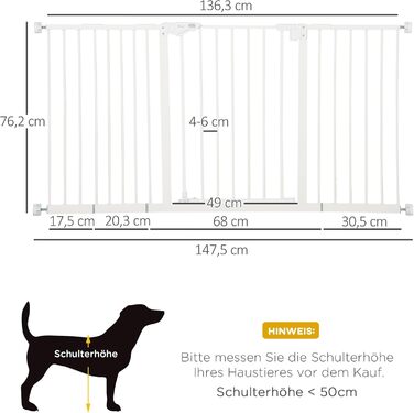 PawHut захисна перегородка для собак, метал, 74-147,5 см, біла, без свердління, з 3 подовжувачами, огорожа для сходів і дверей