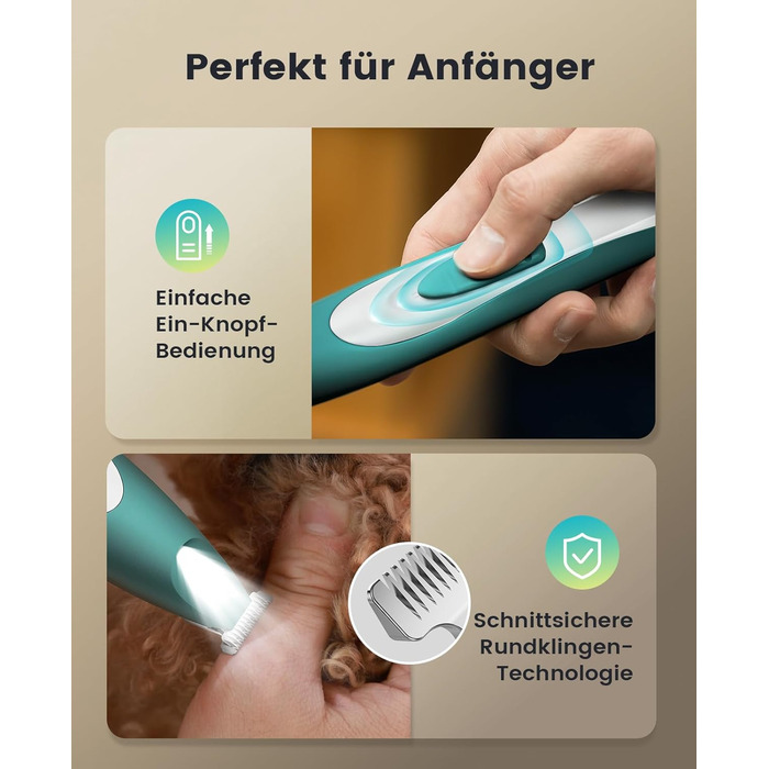 Триммер для собак Oneisall: безшумний, акумуляторний, з LED-підсвічуванням. Ідеально для стрижки подушечок лап, очей, вух та обличчя. Зелений колір