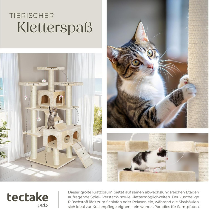 Котячий комплекс Tectake XXL 186 см, бежевий – ігровий будиночок з сизалевим стовпом, когтеточкою, драбинкою, іграшками та оглядовими майданчиками для котів і кошенят