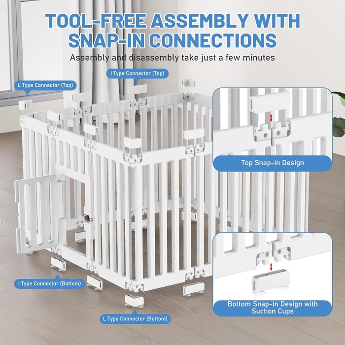 Клітка для цуценят FASRIOU Indoor 65 см, пластикове огородження для собак з антиковзкими присосками, вольєр для маленьких собак, 18 панелей (168 x 135 x 65 см), з окремими секціями