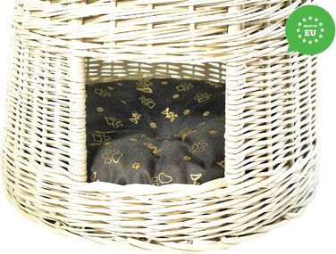 Кігтеточка-ліжко для котів: кругла хатинка з ротангу, триповерхове ліжко для собак та котів, колір білий (з коричневими та золотими подушками)