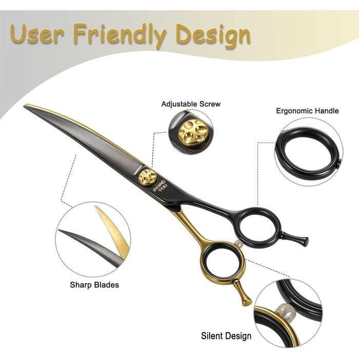 Професійна вигнута ножиця для грумінгу собак, з декоративним гвинтом, гостра та довговічна, японська сталь 440C, безпечна закруглена кінчик, 19,1 см, чорний та золотий колір