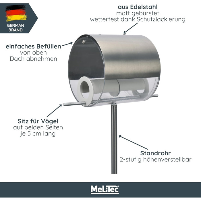 Годівниця для птахів MeLiTec з нержавіючої сталі, стояча, 150 см, 14x14 см
