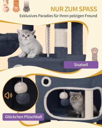 Драбина-кіготь для котів Hzuaneri, 159 см, з 8 кігтеточок, 3 платформ, 2 будиночків, кошиком, плюшевими кульками, мотузкою з сизалю, підходить для котів різних розмірів, MS15918LG (XL, темно-сірий)