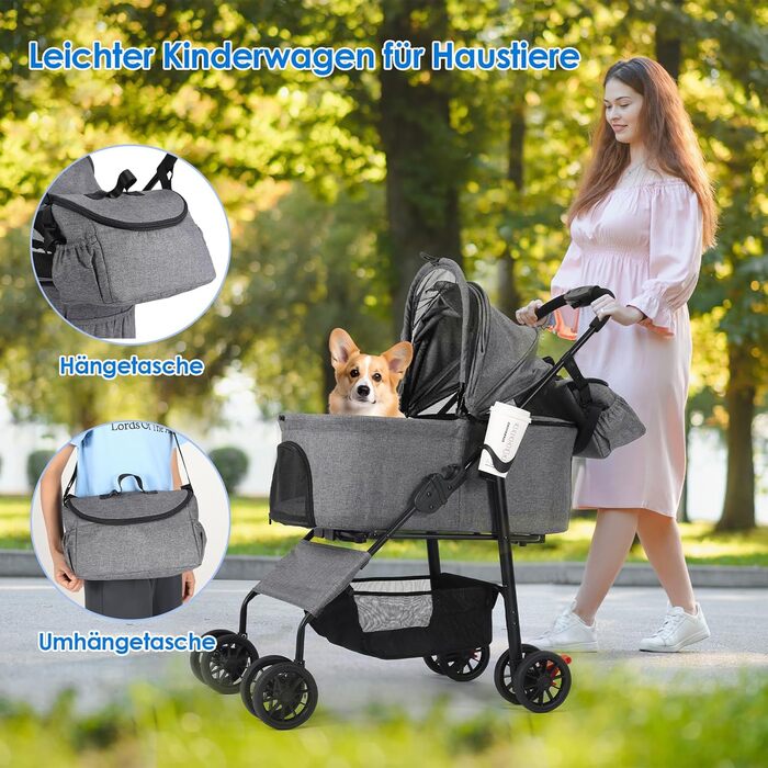 Візок для собак Mamizо 3-в-1, до 30 кг, з сумкою, поворотні колеса, для собак та котів, сірий