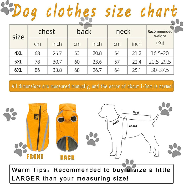 Зимова куртка для собак, тепла водонепроникна куртка для середніх та великих собак, флісова підкладка, світловідбиваючі елементи, для Лабрадора, Бульдога, Самоеда (6XL/68cm, Жовтий)