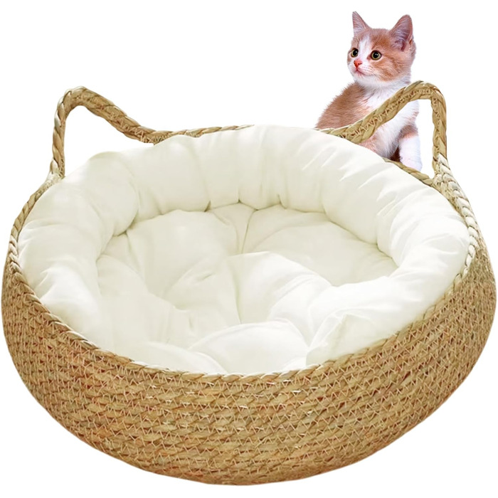 Кігтечка-ліжко для котів з соломи, 43 см, з м'яким подушкою, для кошенят, стійке до подряпин, ліжко для кота + біла подушка + об'ємні подушки