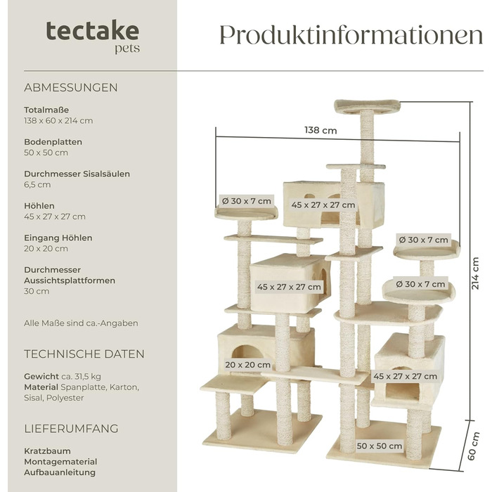 Тектейк® Кігтеточка для котів велика, кігтеточка з аксесуарами, XXL кігтеточка з 4 будиночками, ігровий комплекс з кігтестолом, кігтеточний стовп з сизалю, можливе кріплення до стіни - сірий (Бежевий | № 403919)