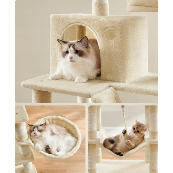 Високий когтеточка-комплекс Feandrea бежевий, 206 см, для великих кішок XXL з гамаком та лежаком