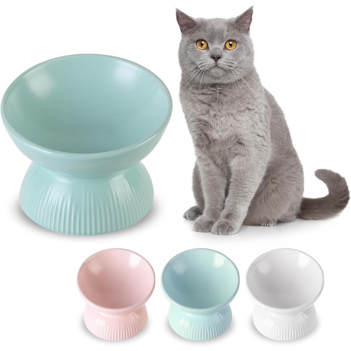 Підвищена годівниця для котів з кераміки, нахилена - проти блювоти, 280 мл, діаметр 15,5 см, білий колір, велика (зелена, велика)