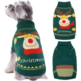 Пуловер для собак Kuoser на Новий Рік, теплий в'язаний пуловер для цуценят, м'який зимовий одяг для собак, святковий пуловер з оленем для маленьких та середніх собак, зелений L, зелений