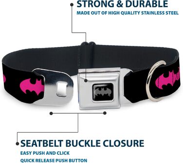 Нашийник для собак Buckle-Down Batman з пряжкою, 3,8 см, чорний/фуксія, для шиї 40,6–58,4 см