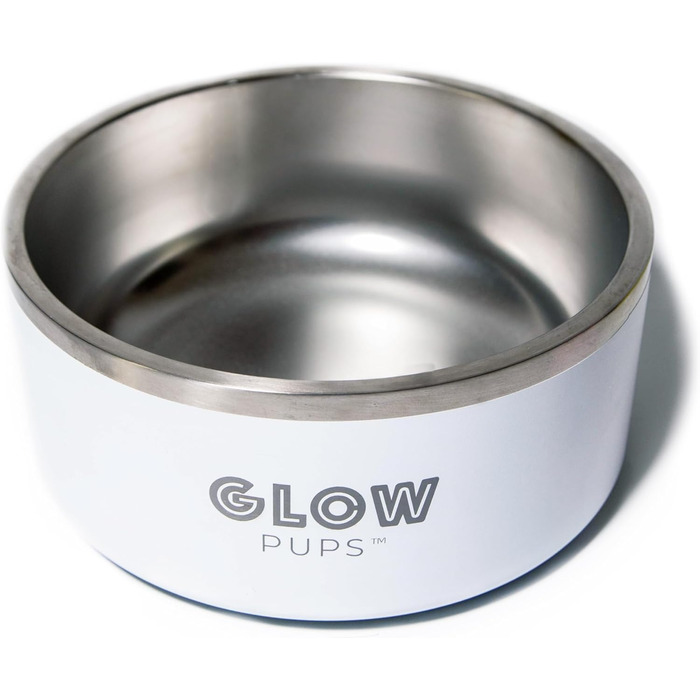 Glow Pups Біла миска для собак, подвійні стінки, ізольована, нековзна, 1,8 л, нержавіюча сталь