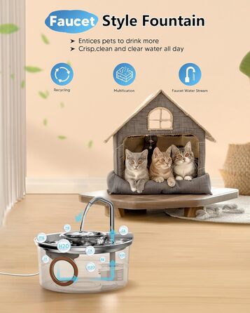 Автоматичний фонтан для котів Kittyspout 3.2L з нержавіючої сталі, прозоре вікно, знімна чаша, тиха помпа, 5-шарова фільтрація