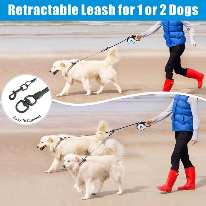 Висувна поводок для собак, 5 м, поводок-рулетка з ланцюгом, подвійний поводок для 2 собак, подовжений поводок для середніх та великих собак до 50 кг, білий та чорний, з пряжкою