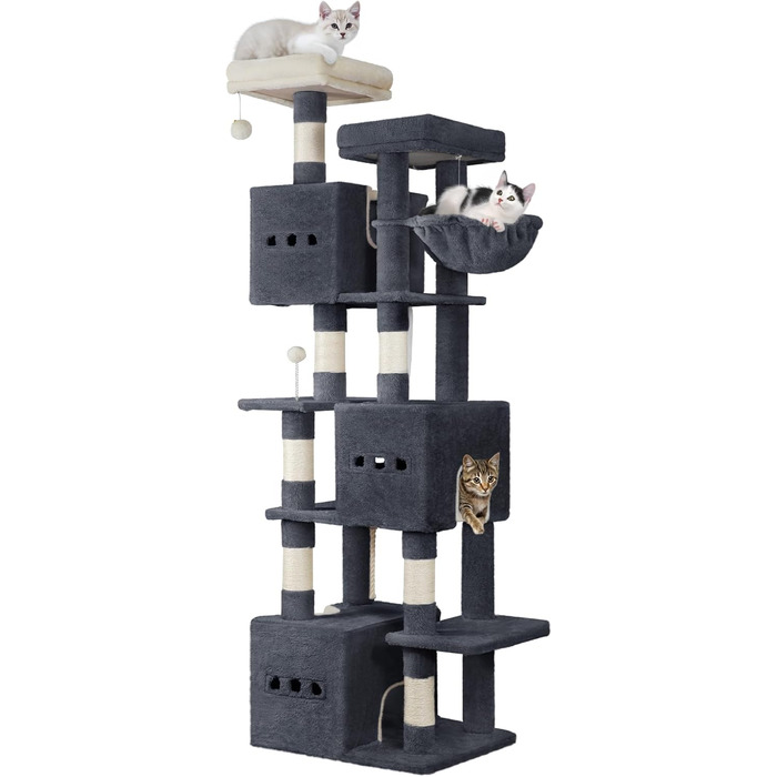 Великий котячий будиночок-кліматизатор, 193 см, XXL, з 7 стовпчиками для шліфування, 3 будиночками, 2 платформами, 2 плюшевими кульками, корзиною, мотузкою для лазіння, багатоповерховий, MS19218LG (темно-сірий)