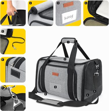 Сумка-переноска для собак та котів YOOFAN, сіра. Знімна підстилка, миска для корму, підходить для перевезень літаком