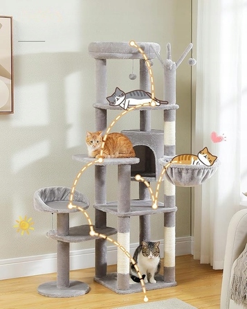 Багатоярусний когтеточка-комплекс для котів 150 см, стійкий, з ліжком — сірий