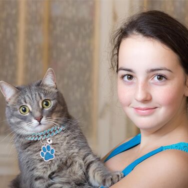 Нашийник для кота Hillban з діамантовою імітацією, блискучий, металевий з безпечною застібкою, з підвіскою у вигляді лапки та ID-місцем, з дзвіночком, сріблястого кольору, морської хвилі (20.3 см, 8 дюймів)