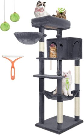 Котячий комплекс LEEJARD XXL: великий дерев'яний будиночок для котів з платформами, когтеточками, будиночком, гамаком, іграшками та захистом від перекидання (148 см, темно-сірий)