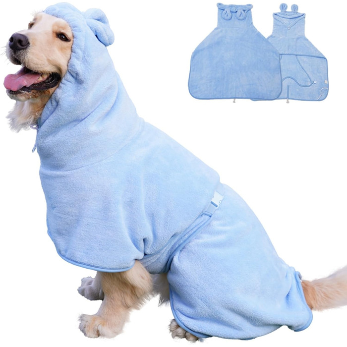 Рушник для собак з мікрофібри з капюшоном, супер вбираючий, швидковисихаючий, для цуценят та собак великих, середніх та малих порід, котів (Блакитний, S)
