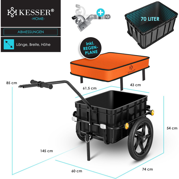 Причіп для велосипеда KESSER® з об'ємом 70 літрів, вантажний, для транспортування вантажів, сумісний з колесами 26-28 дюймів (Оранжевий)