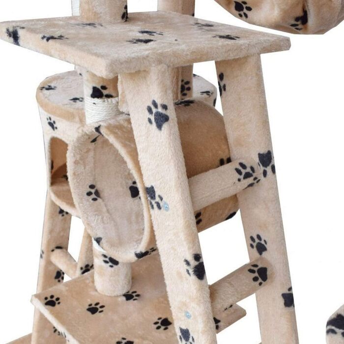 Кігтеточка BITUXX® для котів з будиночком та ігровим майданчиком, регульована висота 230-250 см (Бежевий / Лапка)