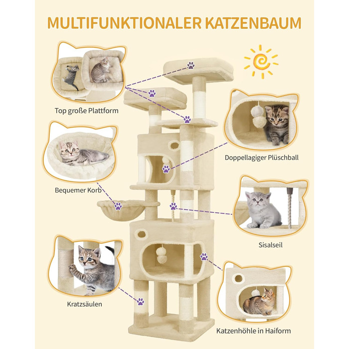 Драбина-кіготь для котів Hzuaneri, 159 см, з 8 стовпчиками, 3 платформами, 2 хованками, кошиком, плюшевими кульками та мотузкою з сизалю. Підходить для котів різних розмірів. MS15918LG (Бежевий)